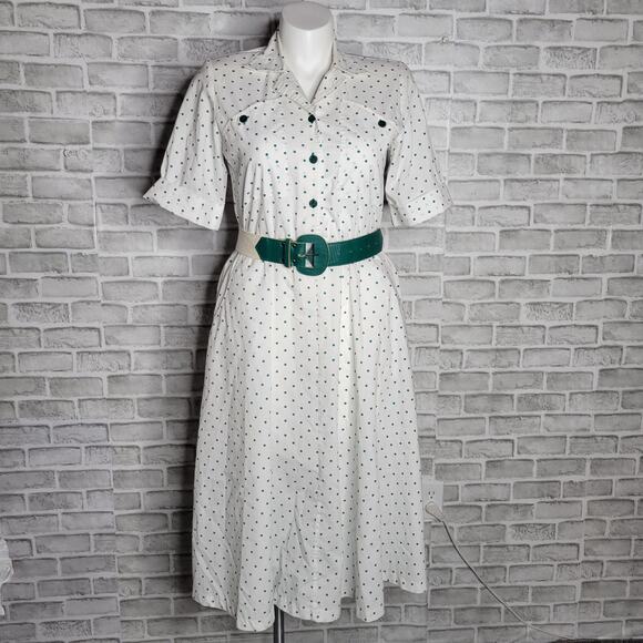 80s White & Teal Polka Dot Shirt Dress, size 10 - Picture 1 of 7